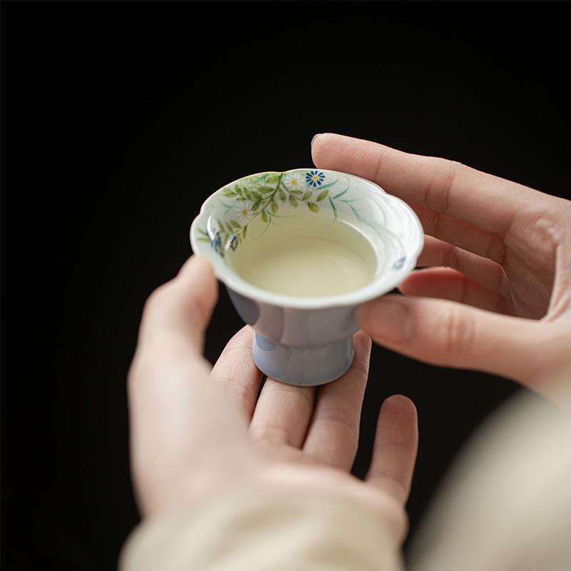 61K3暮山紫色手绘菊花高足盖碗盘壶瓷仿陶宋泡茶碗茶点承F768TT6T
