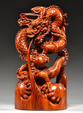 花木雕龙行天下摆件实木质十生肖木头龙居客家厅二装饰开梨业GG07