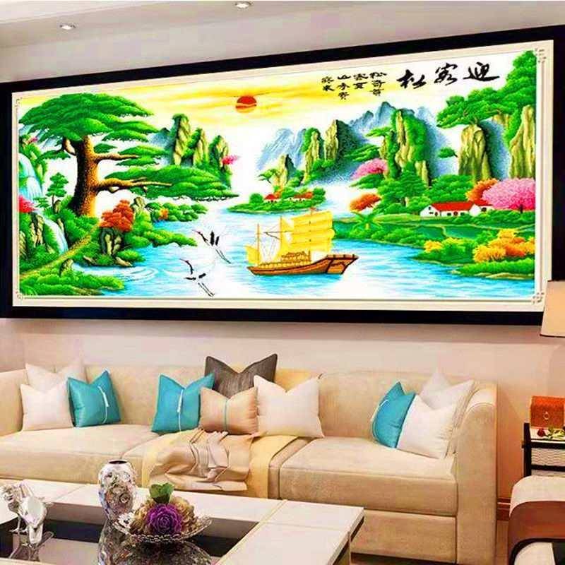 穿珠绣十松字绣客厅大幅子款风景全珠绣新迎客彩珠山水串BTG珠丝