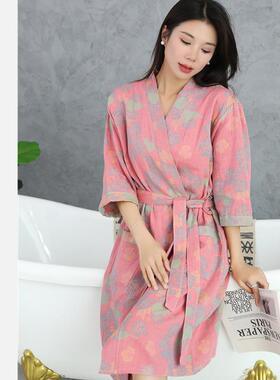 纯古棉浴袍色织风双层纱布女士国浴衣WIQ春夏薄款复风