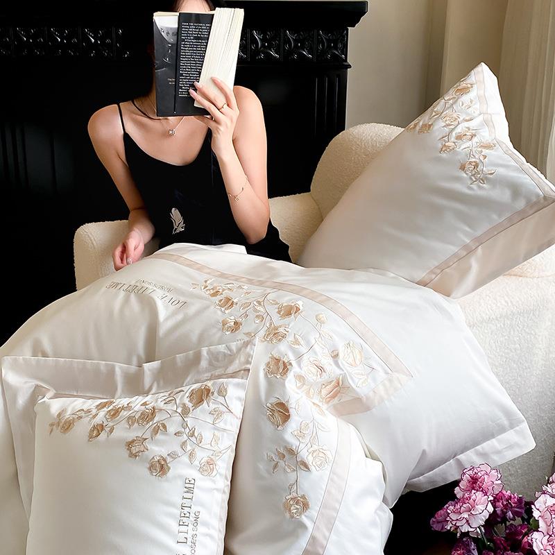 A类100s绒棉四件套纯IAP棉绣花被套全长棉简约床单四季床用款品上