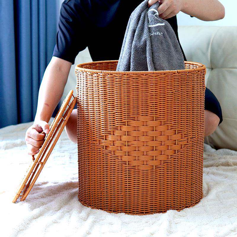 仿藤编带盖圆形杂收纳桶客服厅衣玩具物收纳篮无品牌/卧室衣收纳