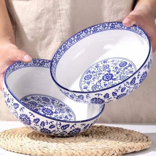 青花瓷汤碗套装12英寸面碗汤碗中式家用经典青花碗陶瓷碗大饭碗