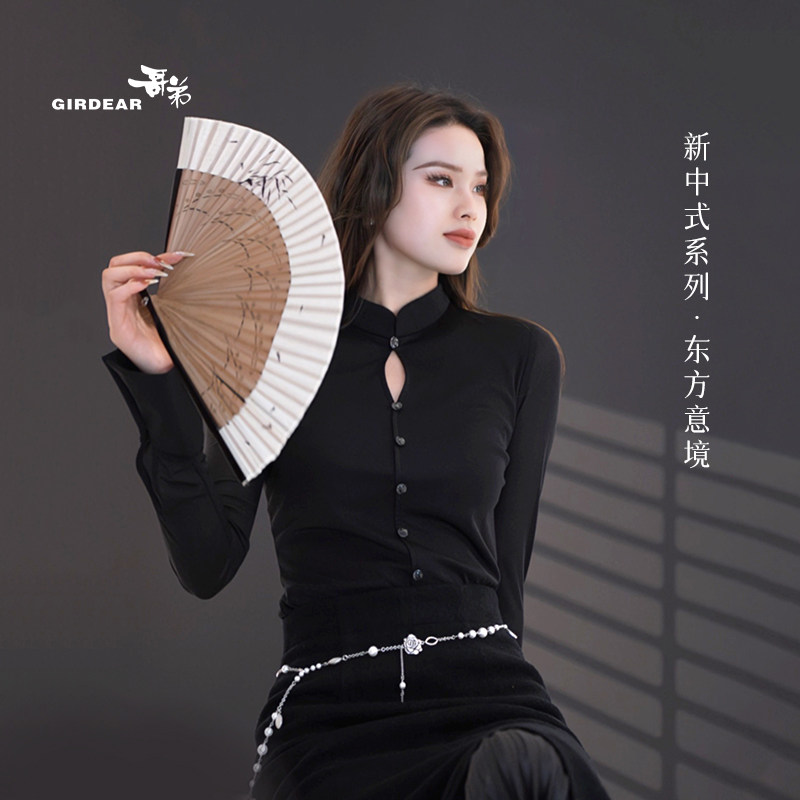 Girdear/哥弟新款新中式中国风洋气旗袍领纱网衬衫1301057