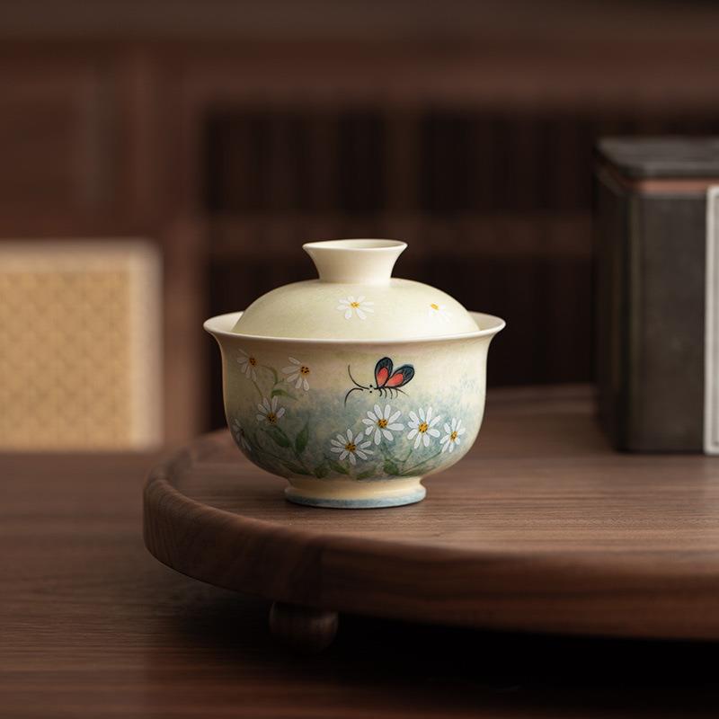 手绘田园二才盖碗茶杯家用茶蛊手工高档陶瓷中式茶具女士泡茶碗