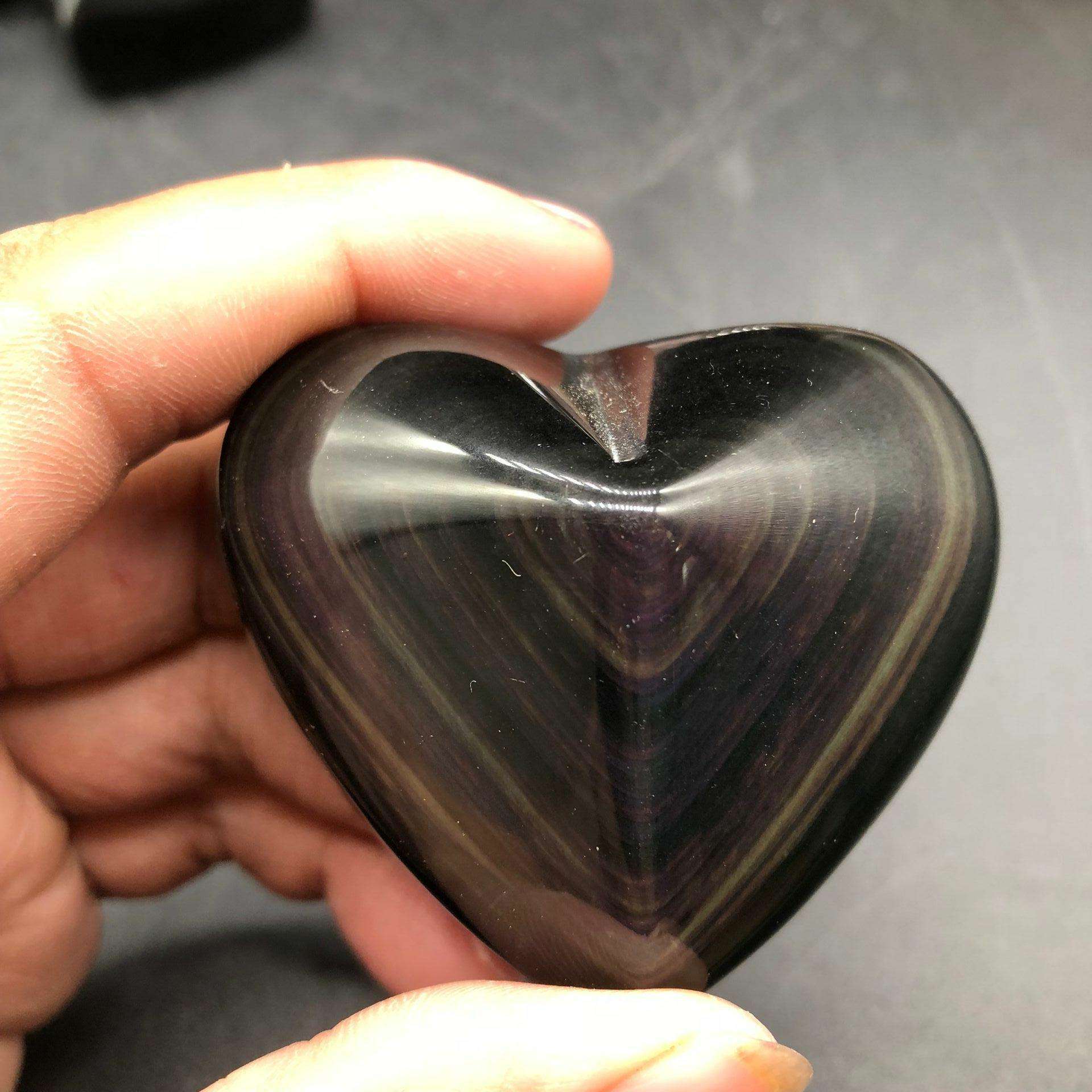 天然黑曜石彩虹眼心形摆件手把件黑曜石原石裸石颗颗带眼厂家直销