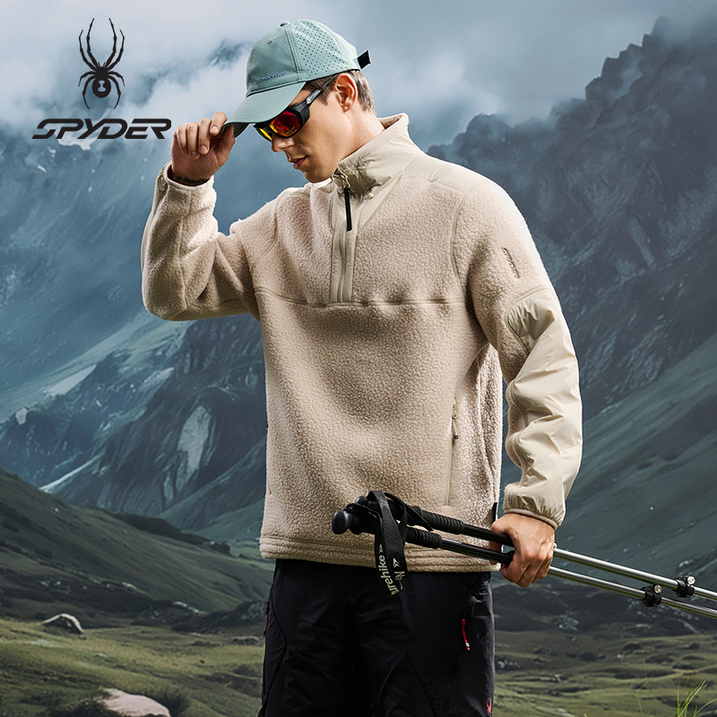 蜘蛛秋冬男子抓绒半开襟套头卫衣