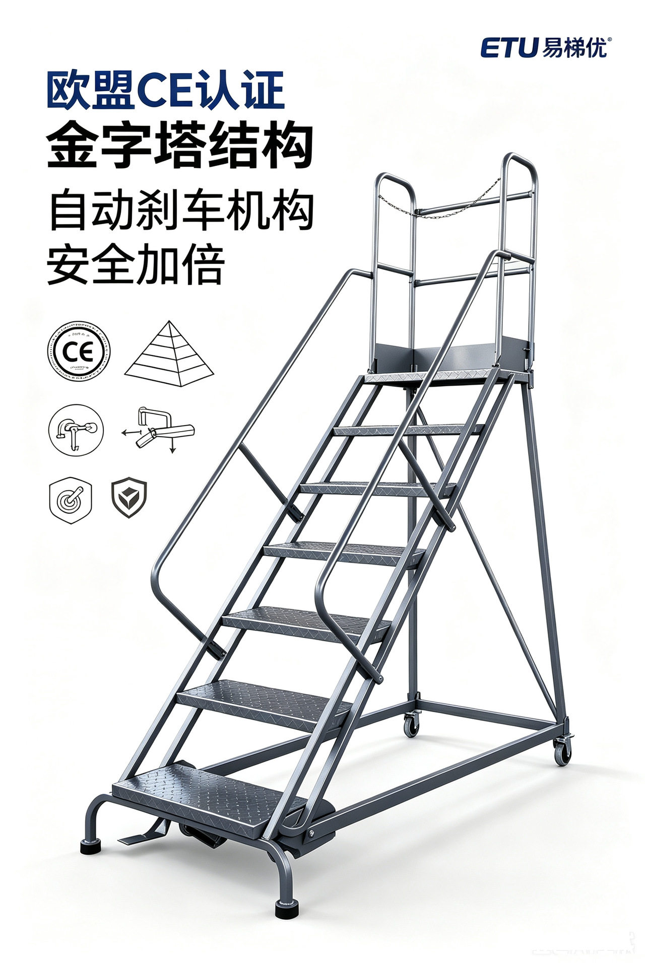 RLC型欧式仓库登高梯,带踢脚板 安全链条 可移动拆装 自锁刹车图片