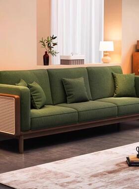 藤实沙发组编民宿客厅小户型黑胡OCJ桃木色新中式木木制布艺合沙