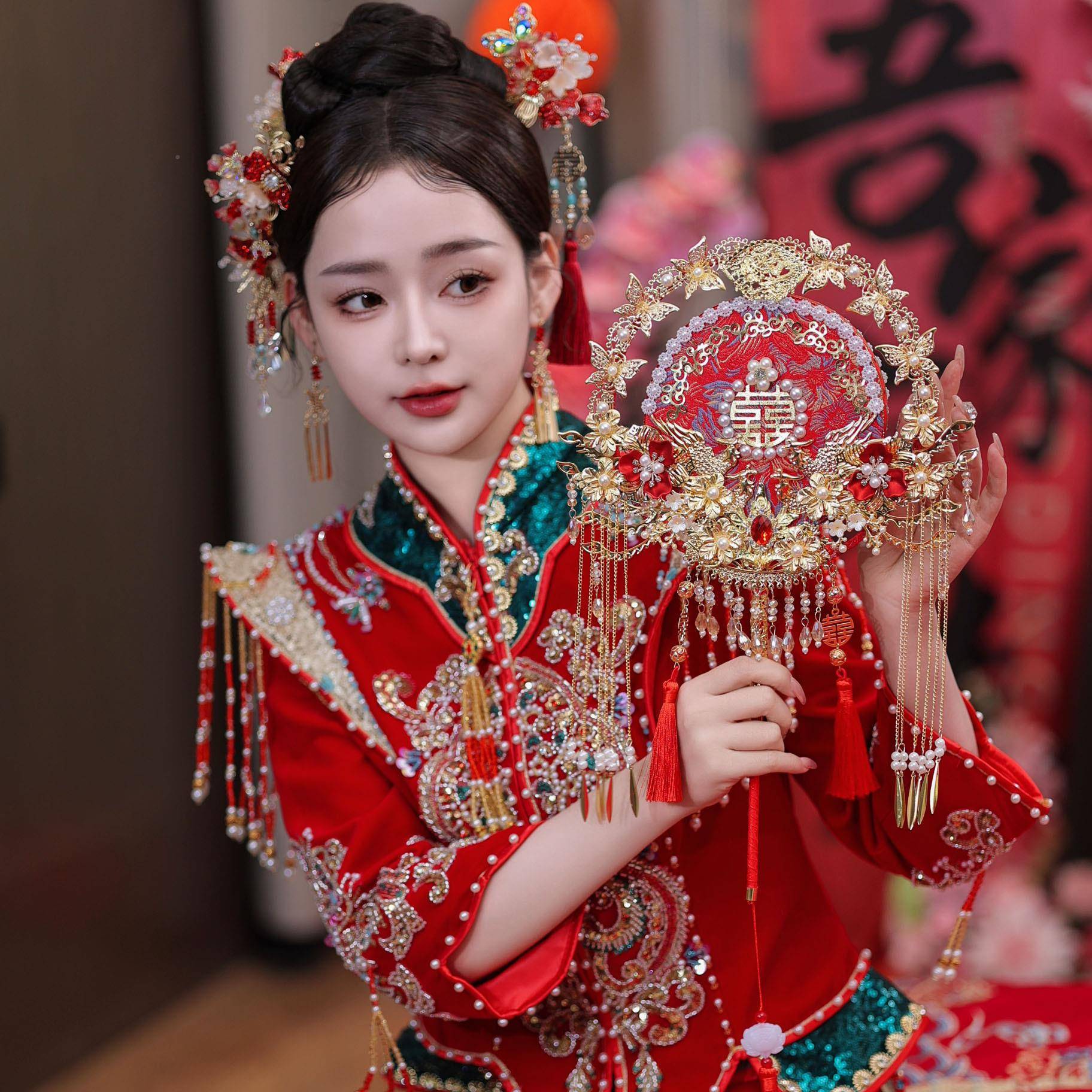 红蕾丝新娘结婚秀服禾团扇新中式面双成品遮面红色喜扇团扇91色无