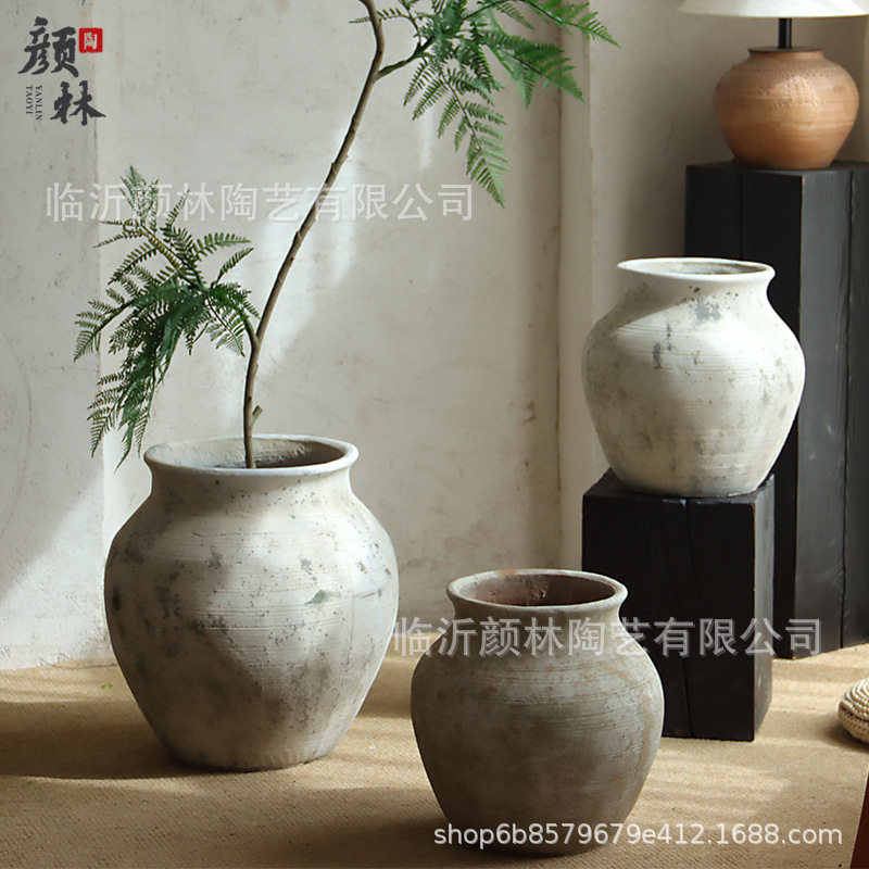 仿古白水泥陶罐盆家居阳台装饰落地绿植盆商场酒店装饰设计师造景