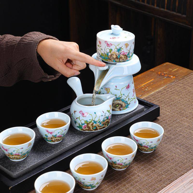 高档青LKT动白瓷自动茶具套装运中秋年会商务活礼送时来转懒人自