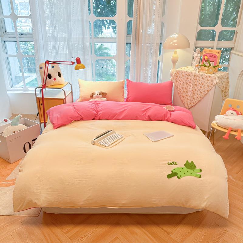 单水洗棉毛巾绣奶油风配色床四件套卡通糯宿舍OVF人单件套软被套