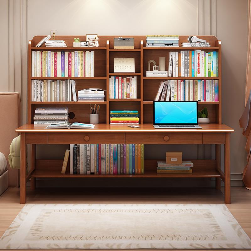 实木童学MIL习桌带书架双人脑书桌学儿生家用书柜组字合写台简约
