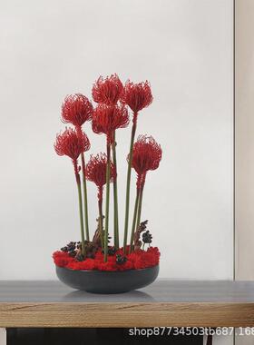 新中式关红色桌仿花艺盆景摆件接待室会议室玄样ILO板房洽谈花盆