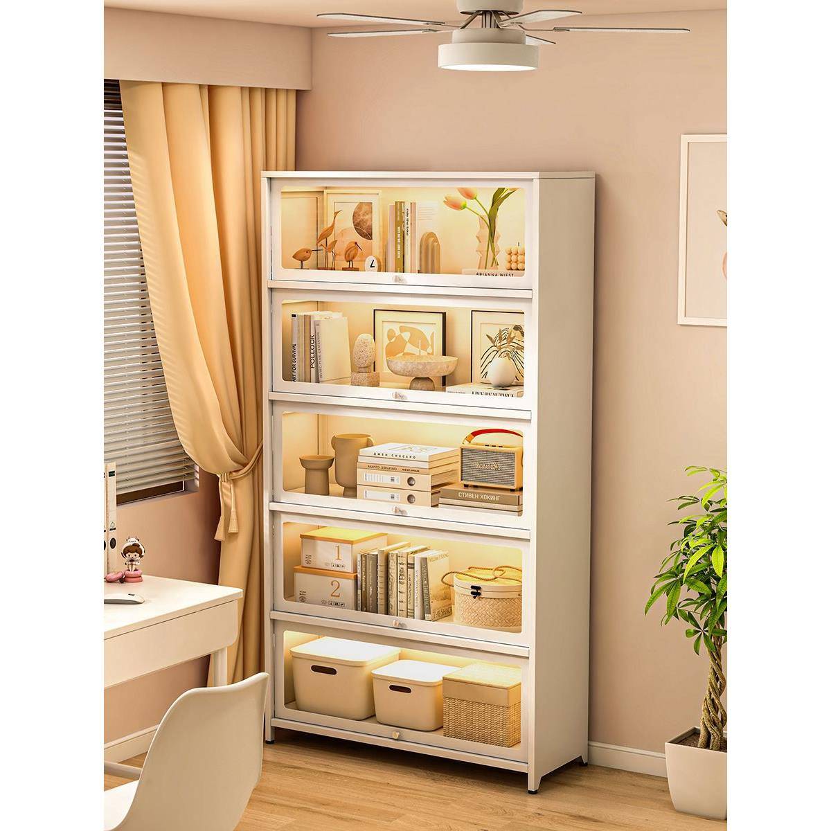 钢厅制柜F7756SS8玻璃门儿童书架家带用客储物柜防尘展书示柜铁艺