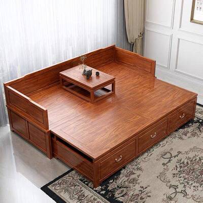 新贵中式型全多实木推拉SIE罗汉床小户伸缩储物床简约功能沙发床