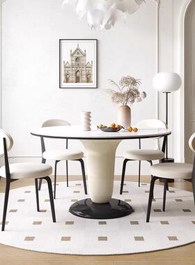 法奢式奶纯油风餐圆形岩板现代桌简约轻复古小户型白色岩CZ1板餐
