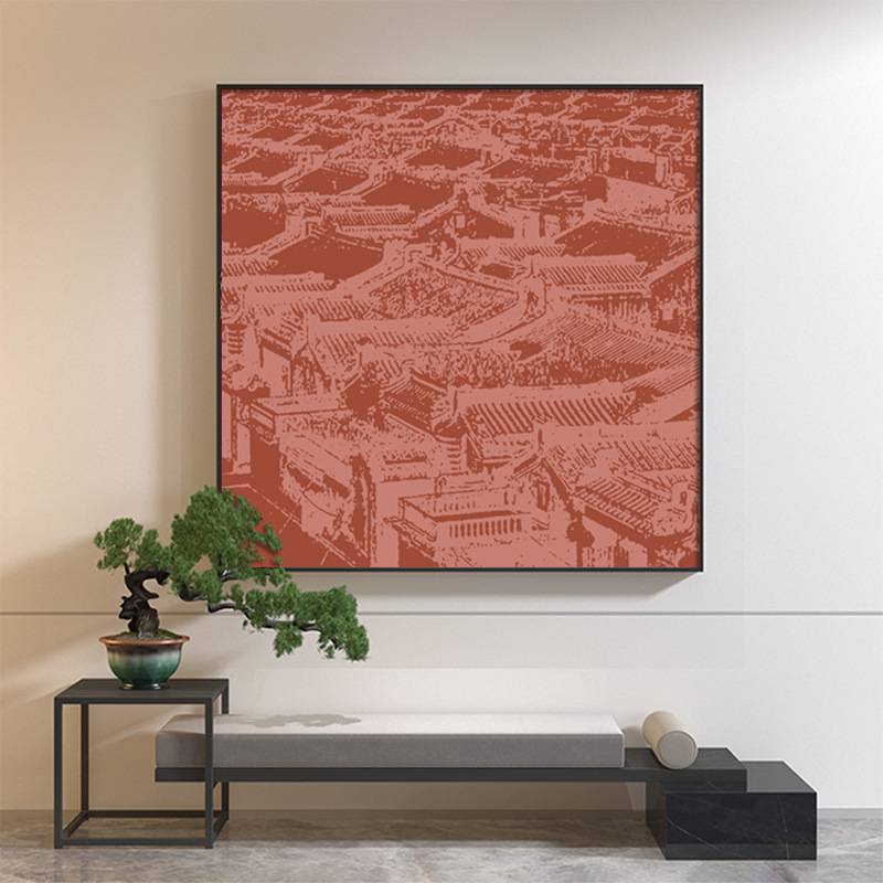 新中式装饰画红色建筑群古典艺术轻奢客厅沙发墙玄关壁画方形挂画图片