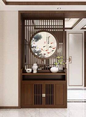 新中实木屏FFL风断客厅刺绣家用遮入户遮隔挡挡玄关储物柜镂式空
