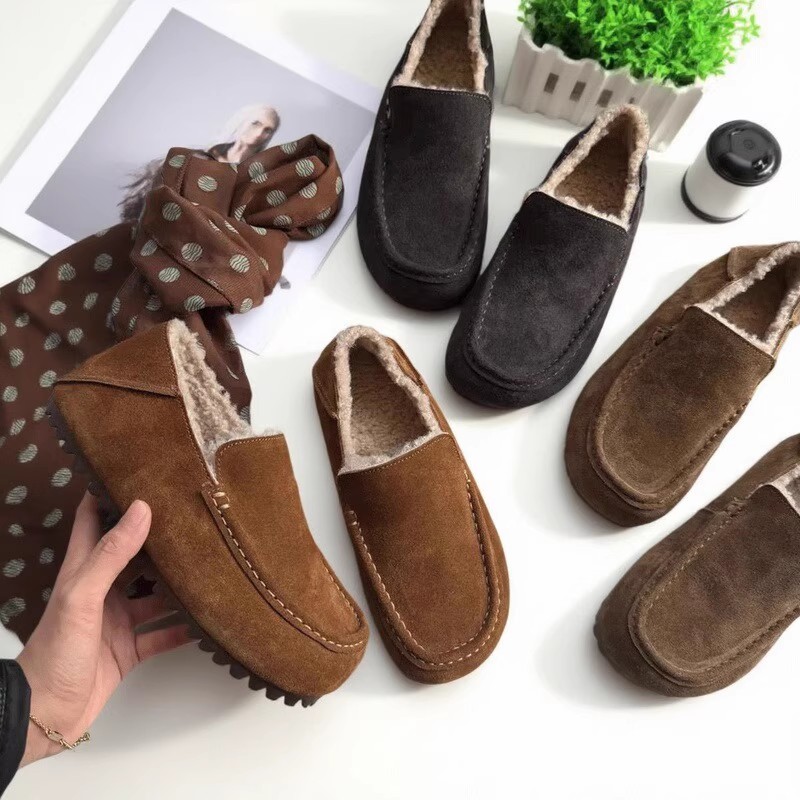 一脚蹬毛毛鞋女加绒保暖懒人豆豆鞋冬季百搭乐福鞋平底防滑雪地靴