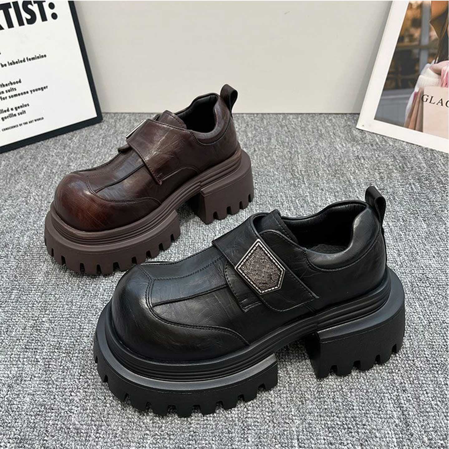 2025年秋季新款大头英伦风增高厚底乐福鞋魔术贴深口单鞋小皮鞋女