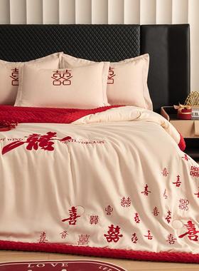 秋冬婚庆刺绣被子红色加绒被芯结婚喜庆陪嫁加厚保暖陪嫁送礼喜被