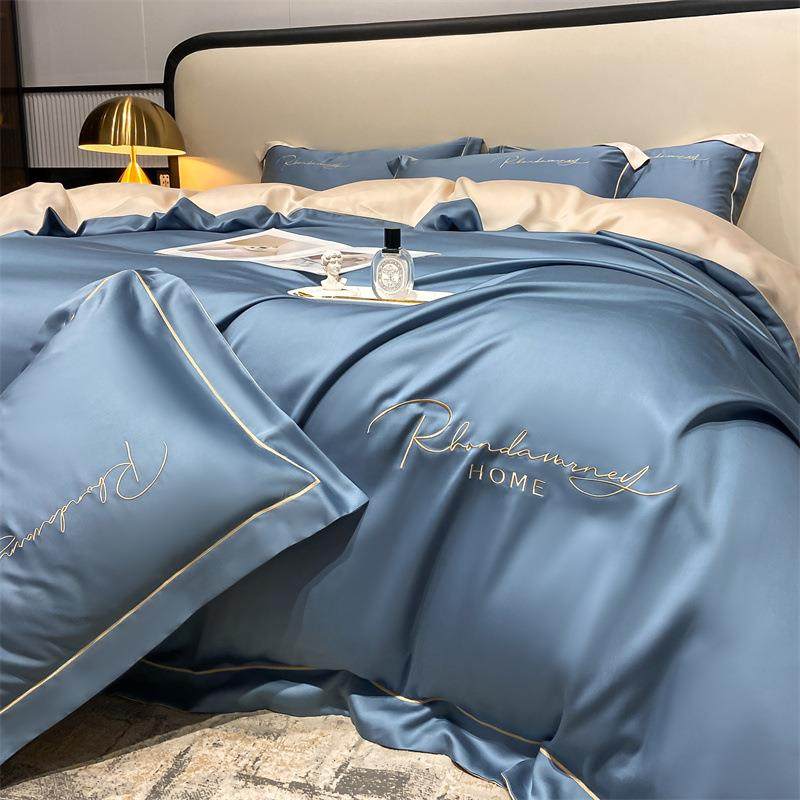 夏季水洗真丝床上四件套冰丝北欧风裸睡床品被套床单人三件套床笠