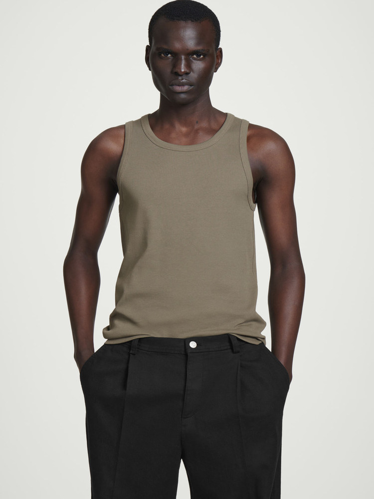 thumbnail for C*S Men's Slim Fit Spoon Collar Ribbed Vest Deep Khaki Green 2025 Summer New 1150895009