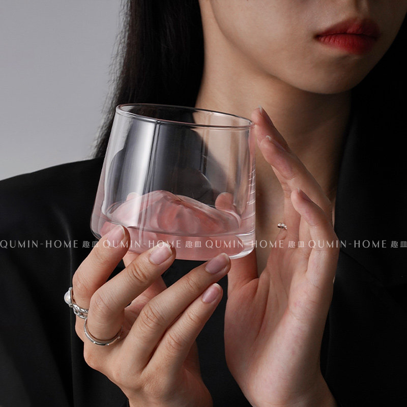 Qumin 观山杯中古高级感创意粉色山脉富士山杯家用玻璃威士忌酒杯