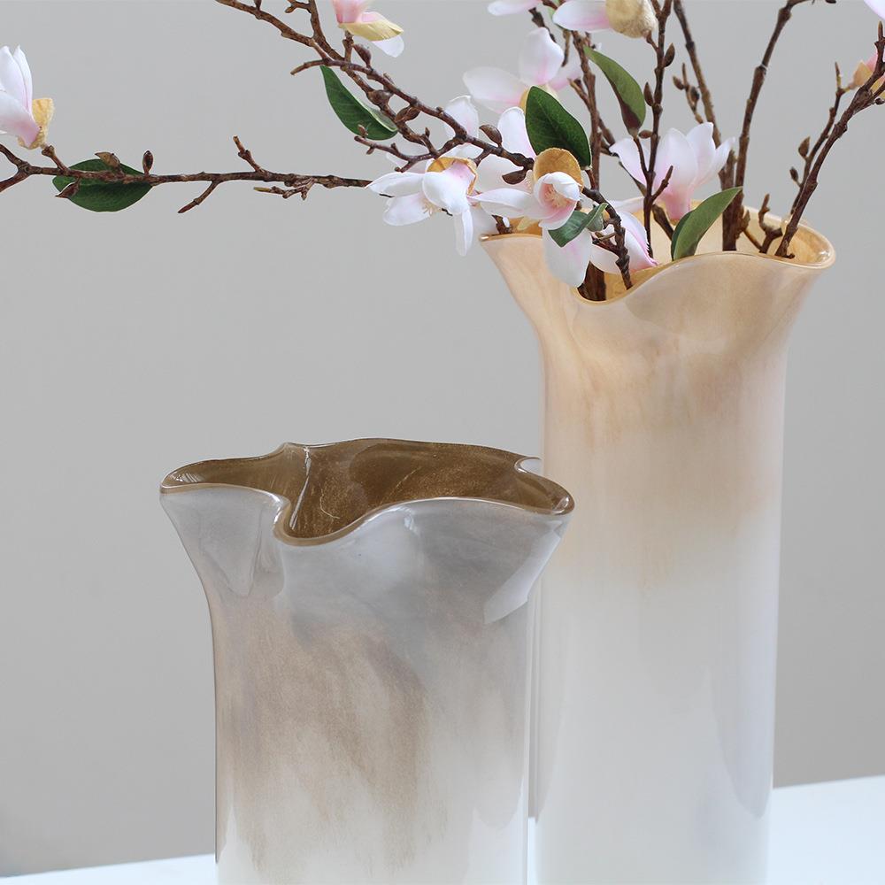 怡露工艺现代波浪口直筒玻璃花瓶双色加厚插花花器家居软装摆台