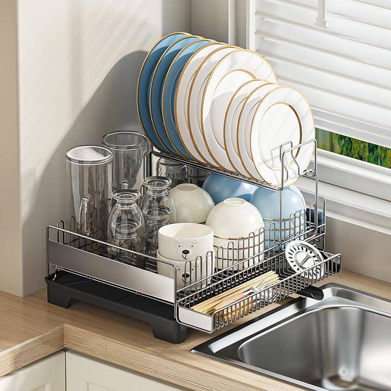 厨房台面304不锈钢碗盘架水槽边沥水架放碗碟餐具筷笼收纳置物架