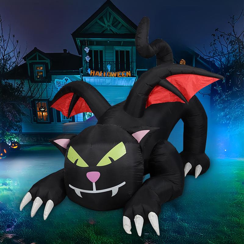 万圣节充气气模移动摇头带翅膀黑猫LED发光装饰庭院派对摆件