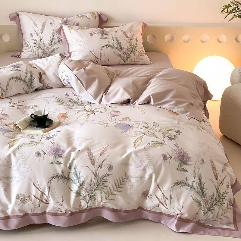 轻奢莱赛尔棉磨毛床单四件套美式田园风数码印花拼角被套床上用品