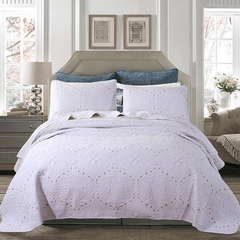 春夏简约素色绗缝三件套欧美床上棉质手工绣花绗缝三件套