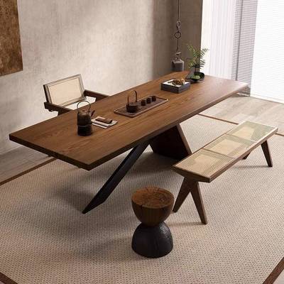 实木茶桌餐桌两用老板办公桌茶桌一体设计师款茶桌原木大板泡茶桌