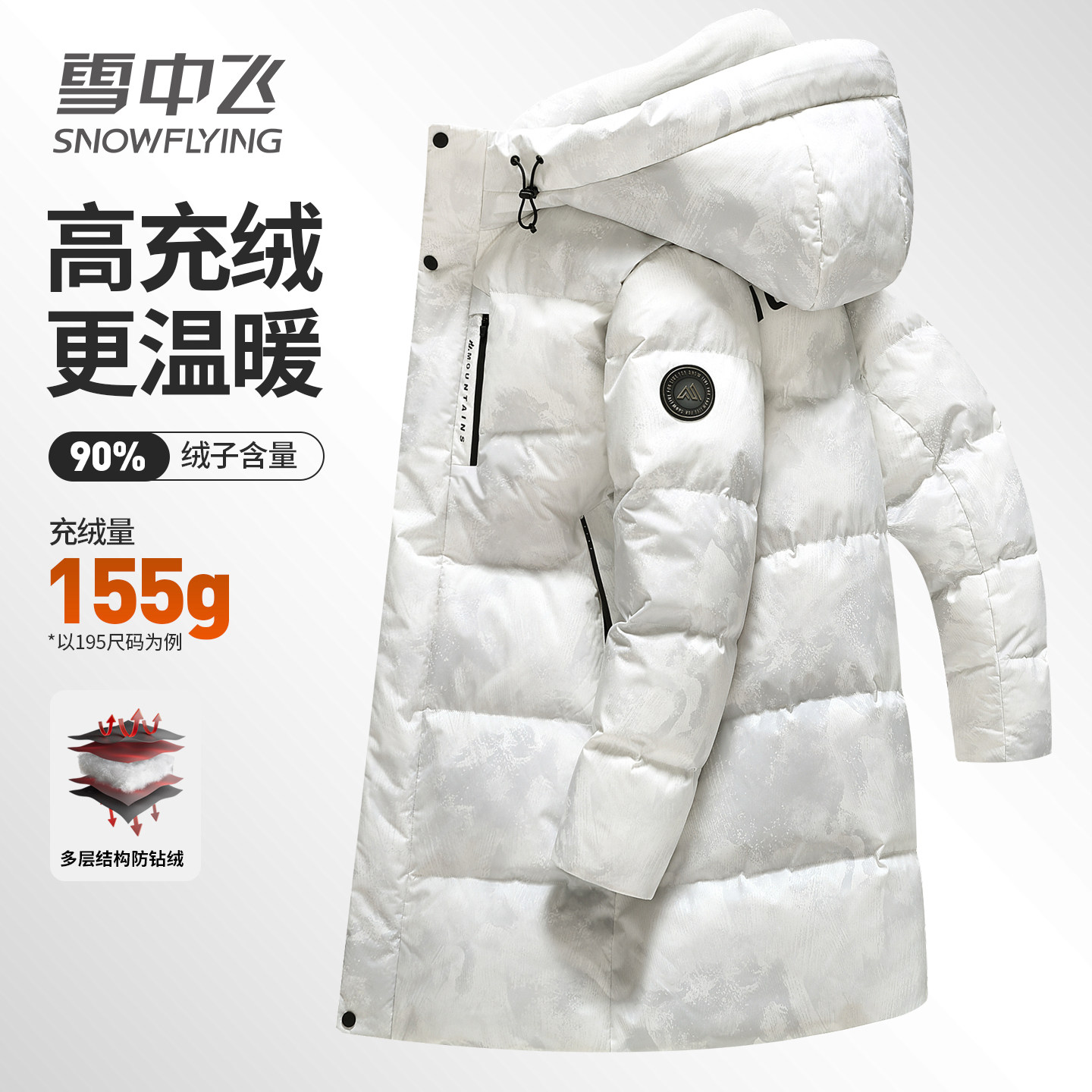 雪中飞极寒中长款男士羽绒服冬季保暖连帽加厚潮流迷彩工装外套潮