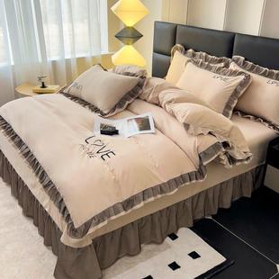 云朵韩版刺绣四件套纯色蕾948棉丝边床款公主花风A裙类四季款60支