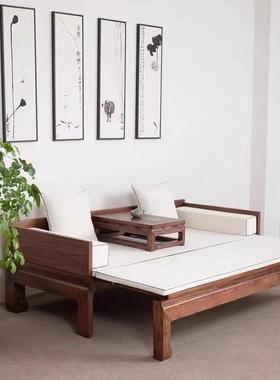 新中木式罗汉床推拉小户型胡厅黑DYT桃床榻实木沙客发榻榻米伸缩