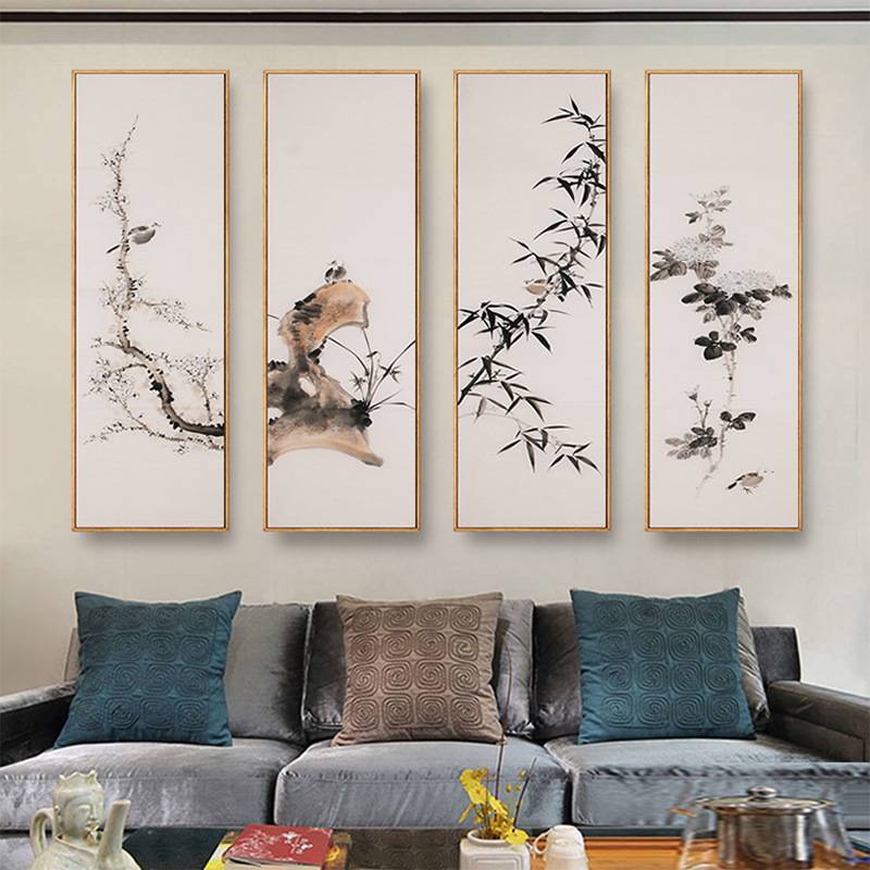 新中式原木玻璃装饰画四联画餐厅茶楼办公室书法挂画水墨梅兰竹菊图片