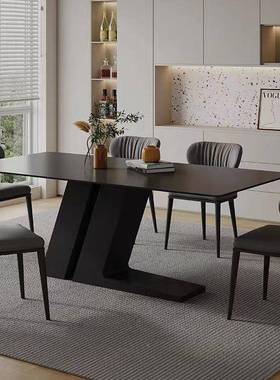 现L台代约黑色岩板餐计桌小简型餐厅家用饭桌长方形户别墅设师餐