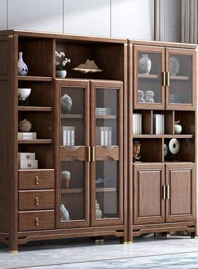 新中式实木胡桃体组木书柜奢带玻璃门带LPR灯展示柜一整墙轻书房