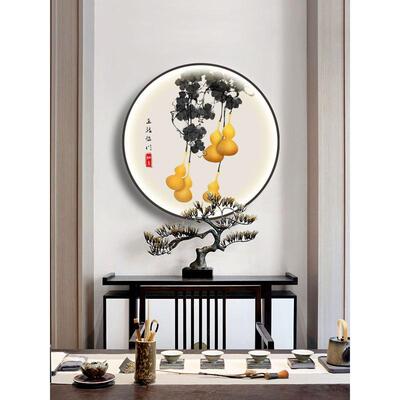 新中式玄关带灯装饰画茶室书廊CPG房走五福临E门挂画圆形葫LD灯芦