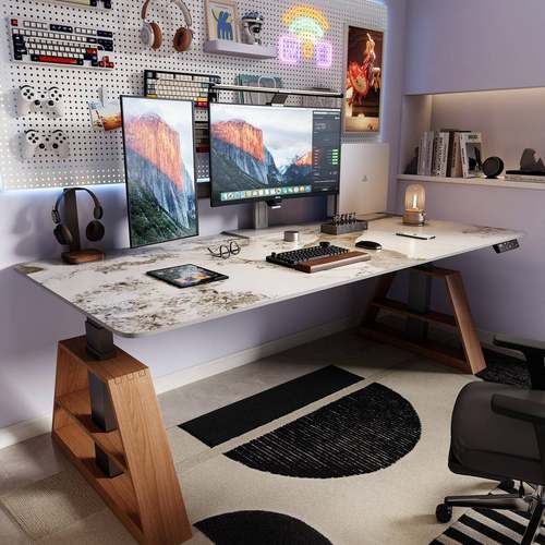 电岩动降桌腿工作台家用升电脑桌子升降马鞍皮264板加电长竞办公