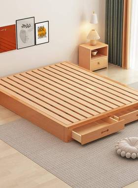 榉木榻榻米床架实木排骨架无板床头双人XPK床日硬式台落地矮床地
