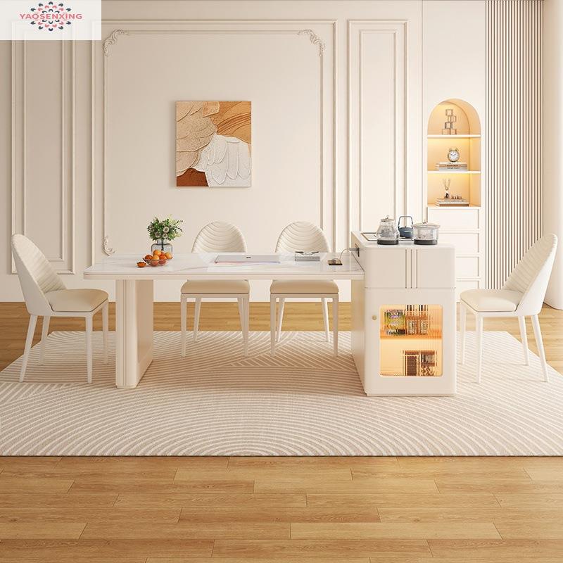 岩板奶油岛台餐桌家用小户型客厅茶台一体可伸缩现代简约泡茶桌