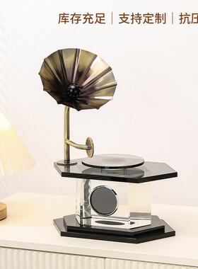 客厅轻奢复古透明水晶高级感摆件桌面办公留声机装饰工艺品厂