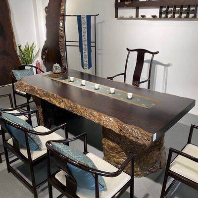 家具茶餐桌整块组合大板黑檀木办公桌实木板桌茶桌台檀木中式合办