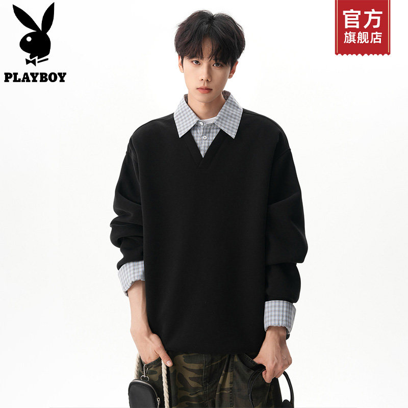 PLAYBOY/花花公子格纹高级感假两件翻领卫衣男秋冬POLO长袖上衣K