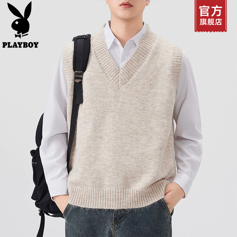 PLAYBOY/花花公子燕麦色羊毛马甲毛衣男士秋季V领坎肩背心针织衫K